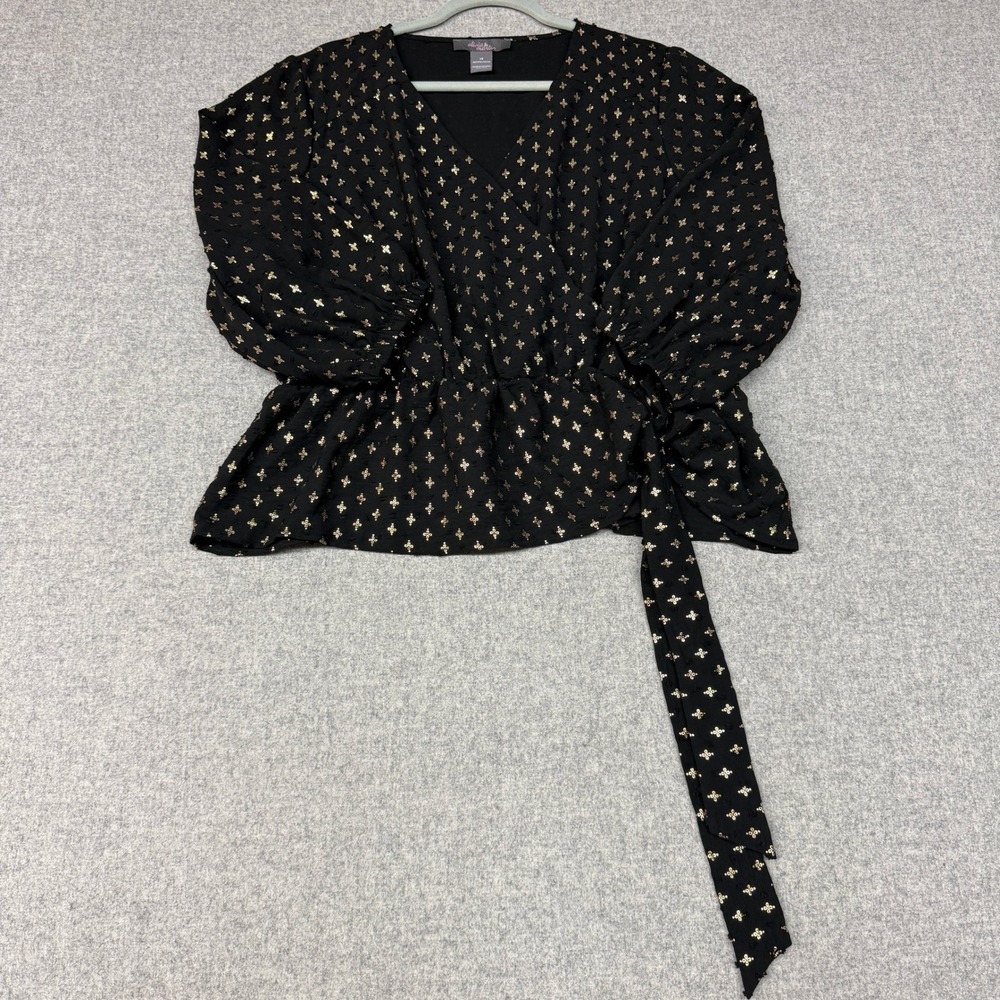 Olivia & Martin Blouse 1X Black Gold Metallic Foil Wrap Peplum 3/4 Sleeve Top